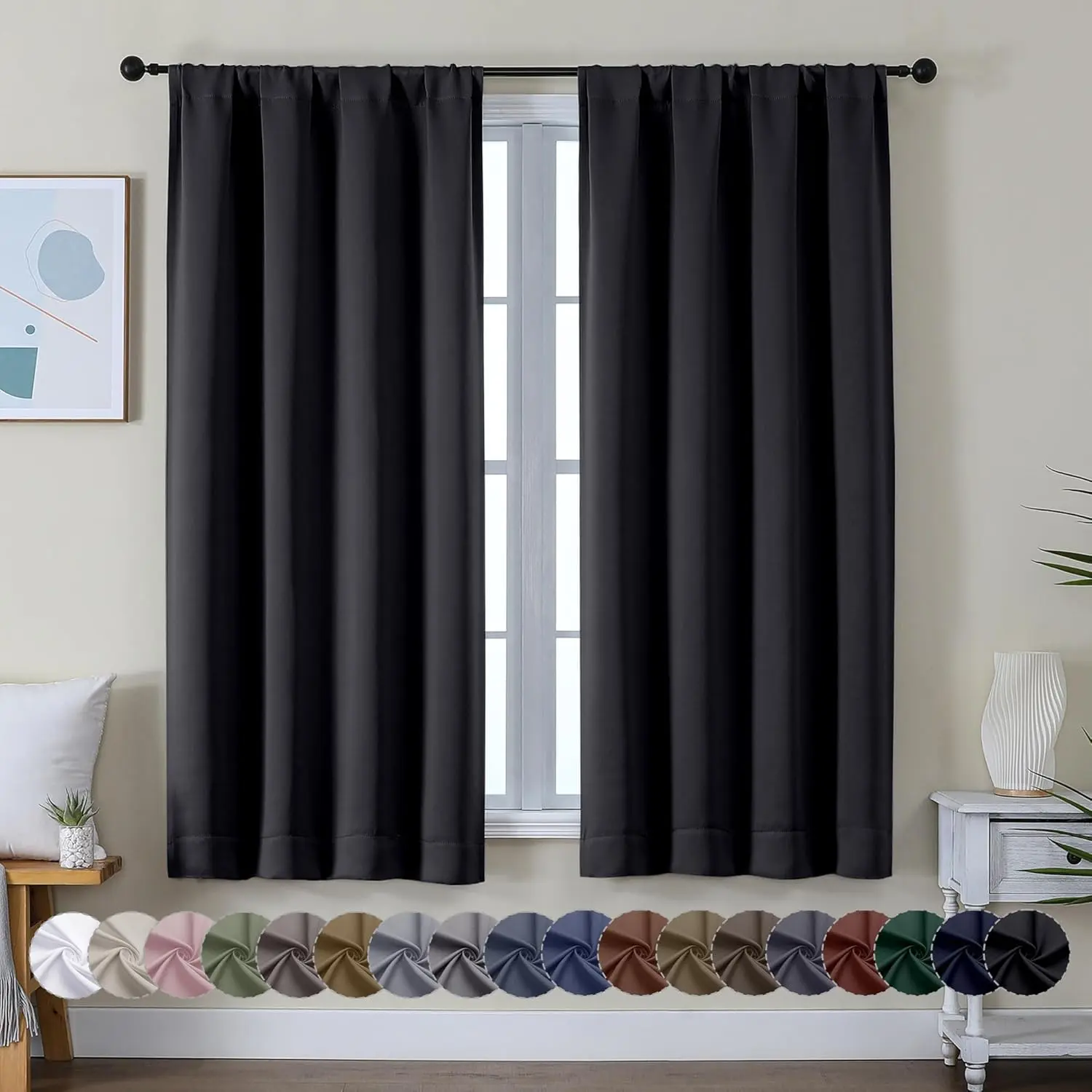 Simplebrand Ava Halloween Black Blackout Curtains - 2 Panels, 40in W x 63in L Rod Pocket Drapes for Bedroom, Solid Thermal Insulated Energy Saving Darkening Anti Light Window Treatments, Darkening Curtains, Anti Light Curtains