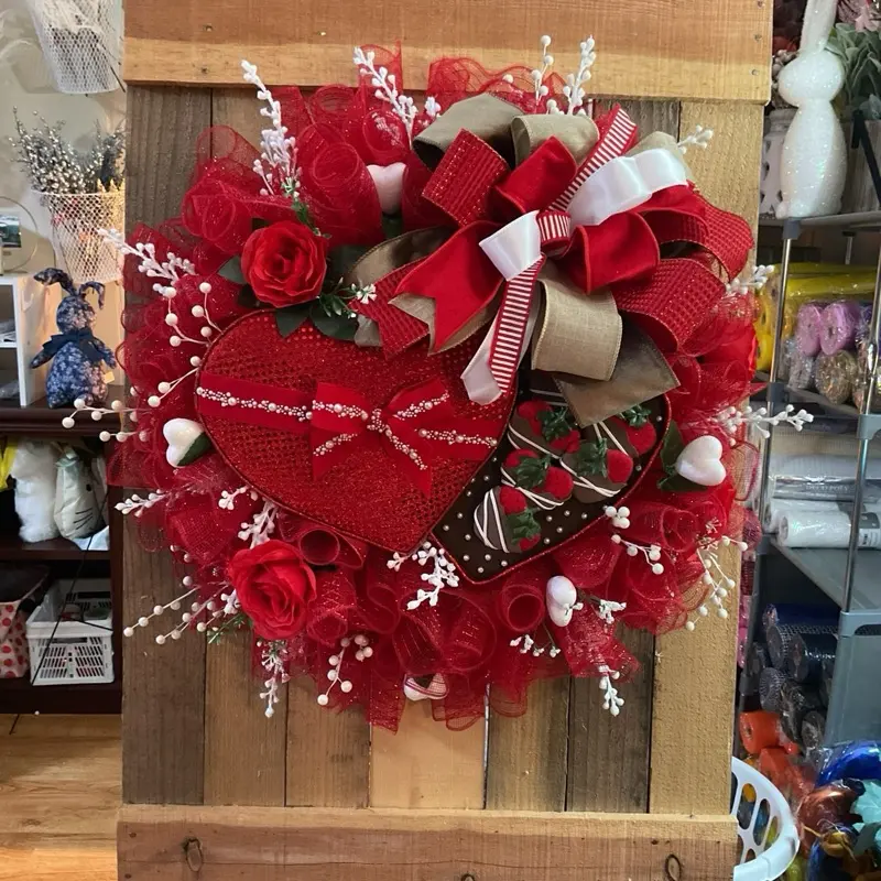 Heart Chocolate Wreath with Red Roses and White Berries for Valentine's Day Decor