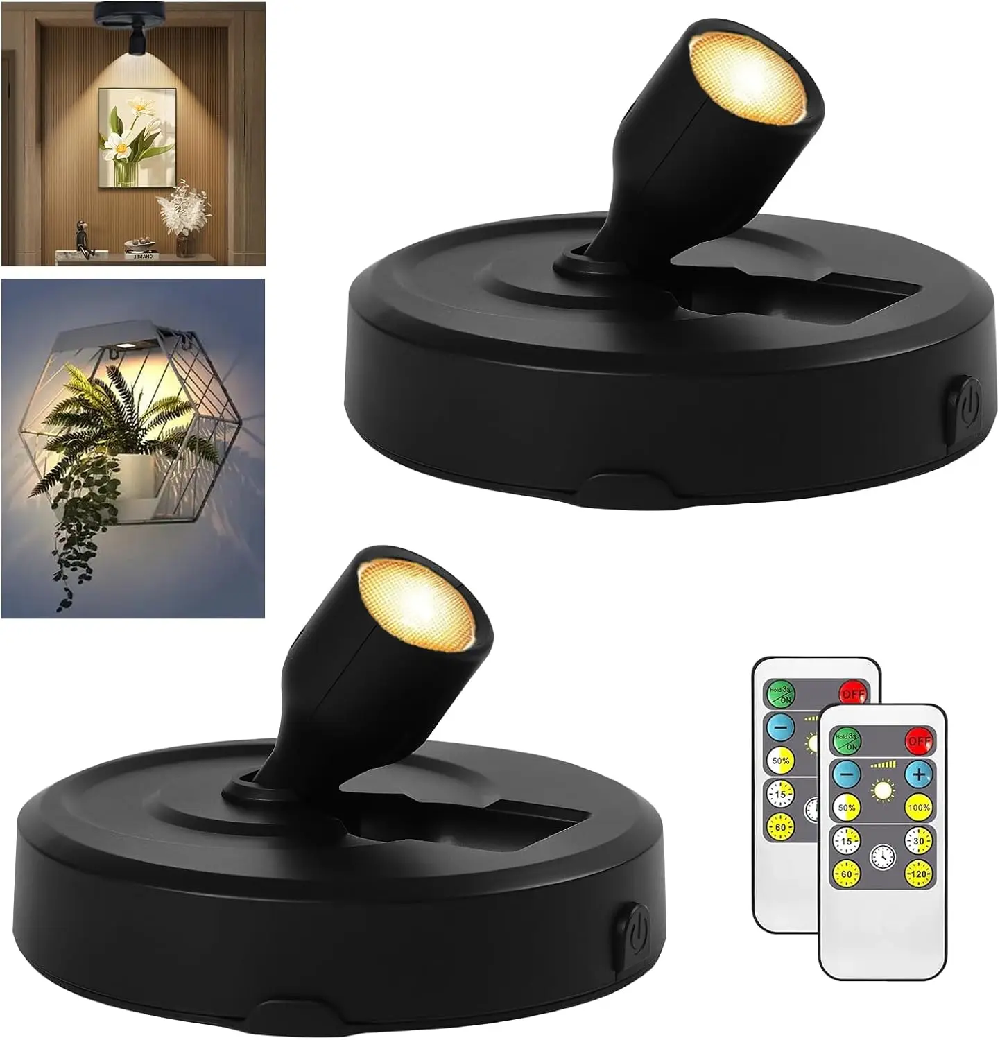 2Pack Battery Powered LED Spotlight Picture Light, Indoor Uplighting with Remote, Picture Frame Lights, Art Display Puck Lights for Dartboard Portrait Paintings Artwork