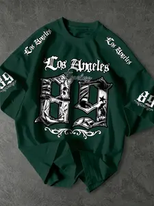 Los Angeles Print Short Sleeve T-Shirt, Gothic Street Style, Fitted Drop Shoulder Design, Casual Summer Top for Men
