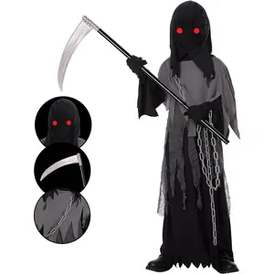 L-JLY022   Grim Reaper Costume for Kids,Phantom Halloween Costume with Red Glowing Eyes,Skull Gloves Scythe included