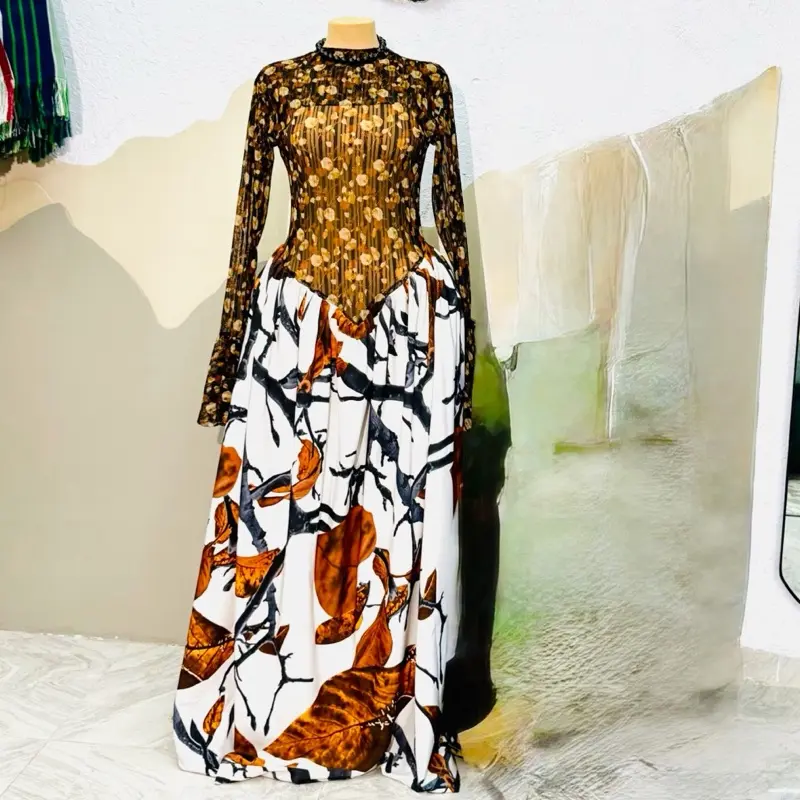 Women’s Mesh-and-Crepe Long Sleeve Ankara Dress
