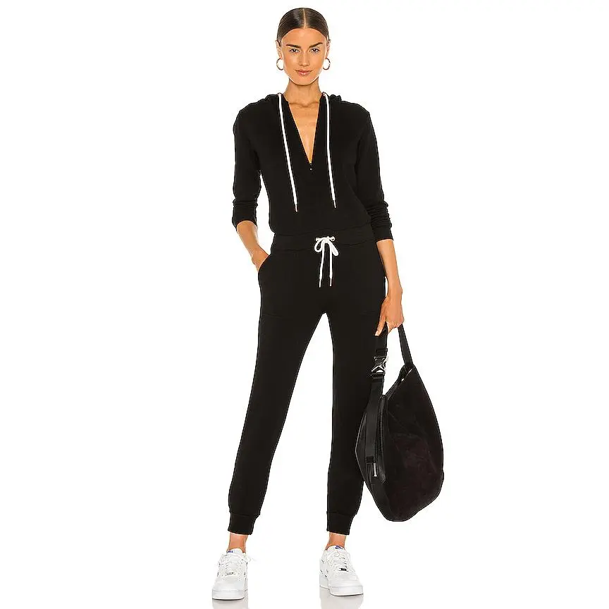 MONROW Supersoft Fleece Hooded Jumpsuit in Black