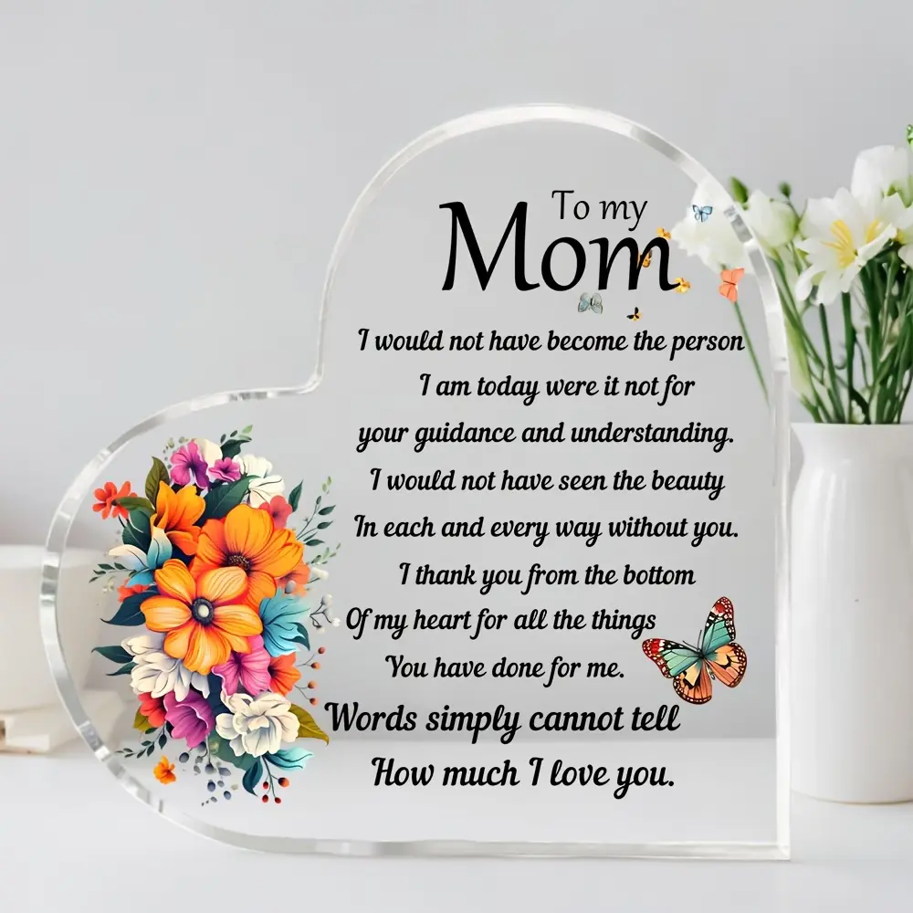 Heart Shaped Colorful Floral Butterfly Acrylic Table Sign with Wooden Stand, To My Mom Sweet Sentimental Quote Plaque, Mother’s Day Birthday Gift for Mother, Thanksgiving Christmas Bedroom Desktop Decor Ornament