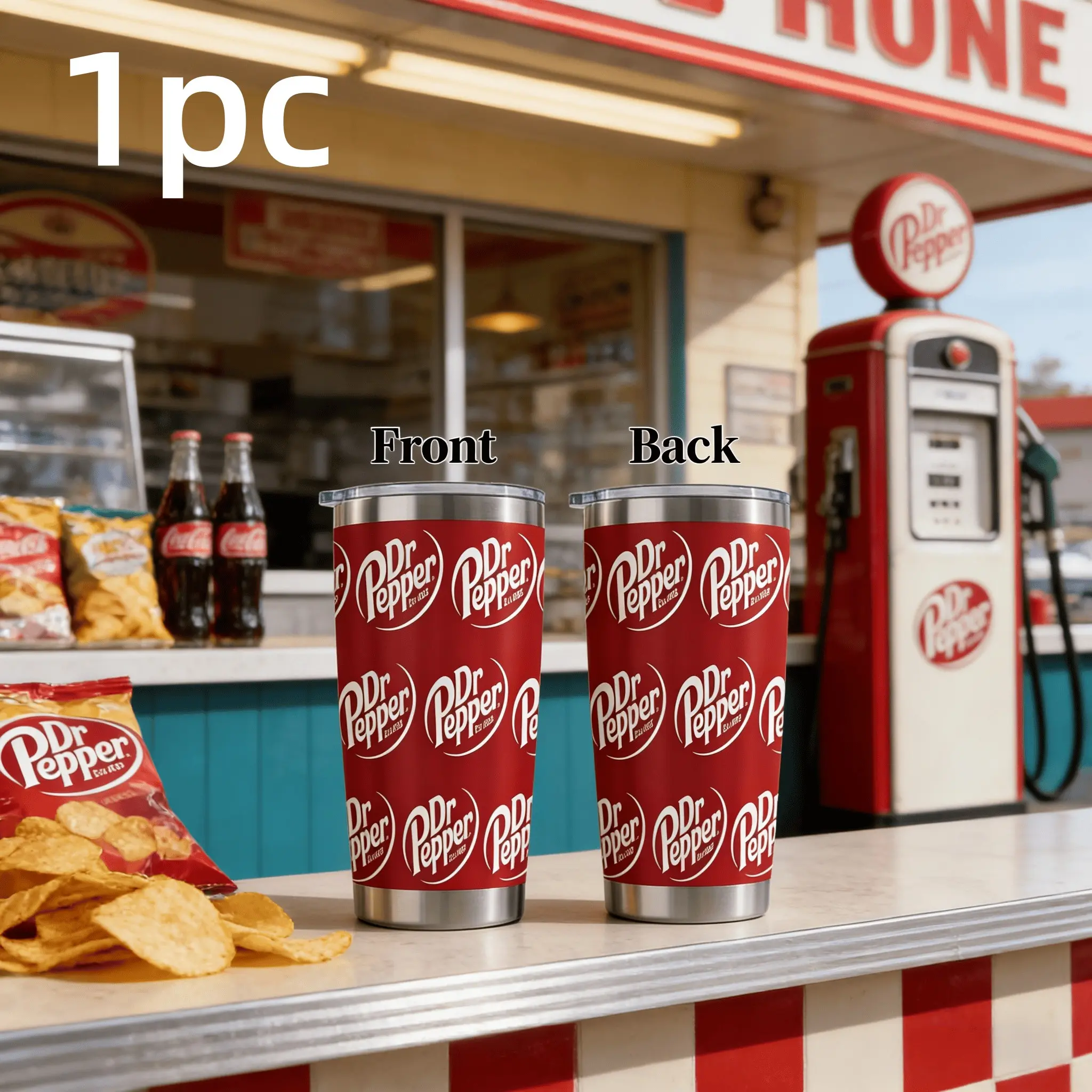 1pc 20oz Dr Pepper stainless steel insulated cup with full printing, Features classic soda logo print, Portable water cup for car use, Retro and personalized cup, Suitable for home, office, and outdoor camping, Insulated Travel Tumbler