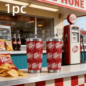 1pc 20oz Dr Pepper stainless steel insulated cup Drinkware with full printing. Features classic soda logo print. Portable water cup for car use. Retro and personalized cup. Suitable for home, office, and outdoor camping.