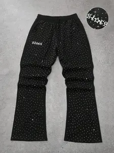 Casual Long Pants, Trendy Design with Stars and Artistic Font, Full Body Rhinestone Decor, Street and Glamour Style
