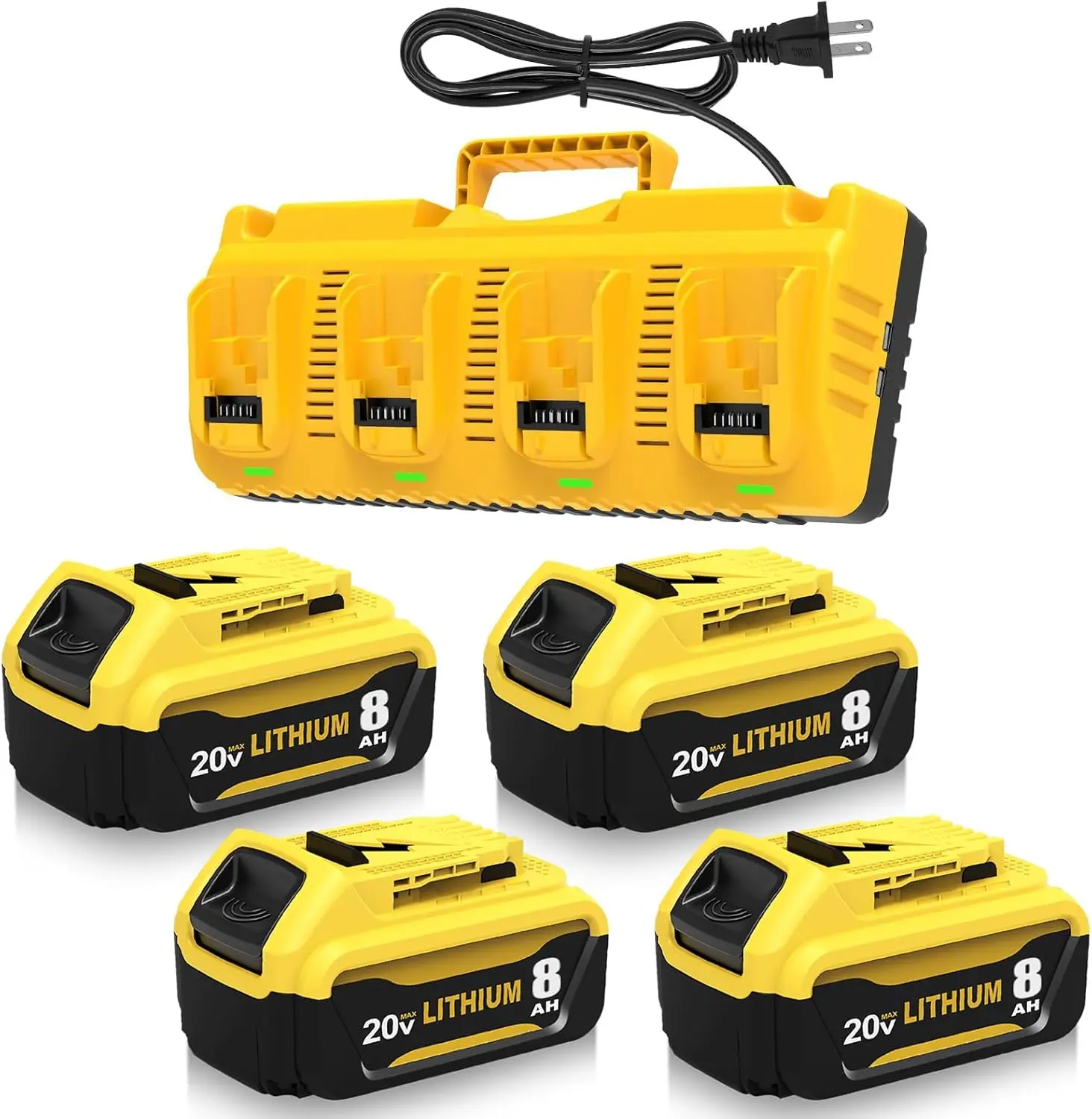 4-Pack 20V 8.0Ah Lithium Rechargeable Batteries & DCB104 Charger Station, Compatible with Dewalt 20V Max DCB208 DCB207 DCB201 Cordless Power Tools, Heavy-Duty Yellow Power Tool Accessories, Lithium Rechargeable Battery
