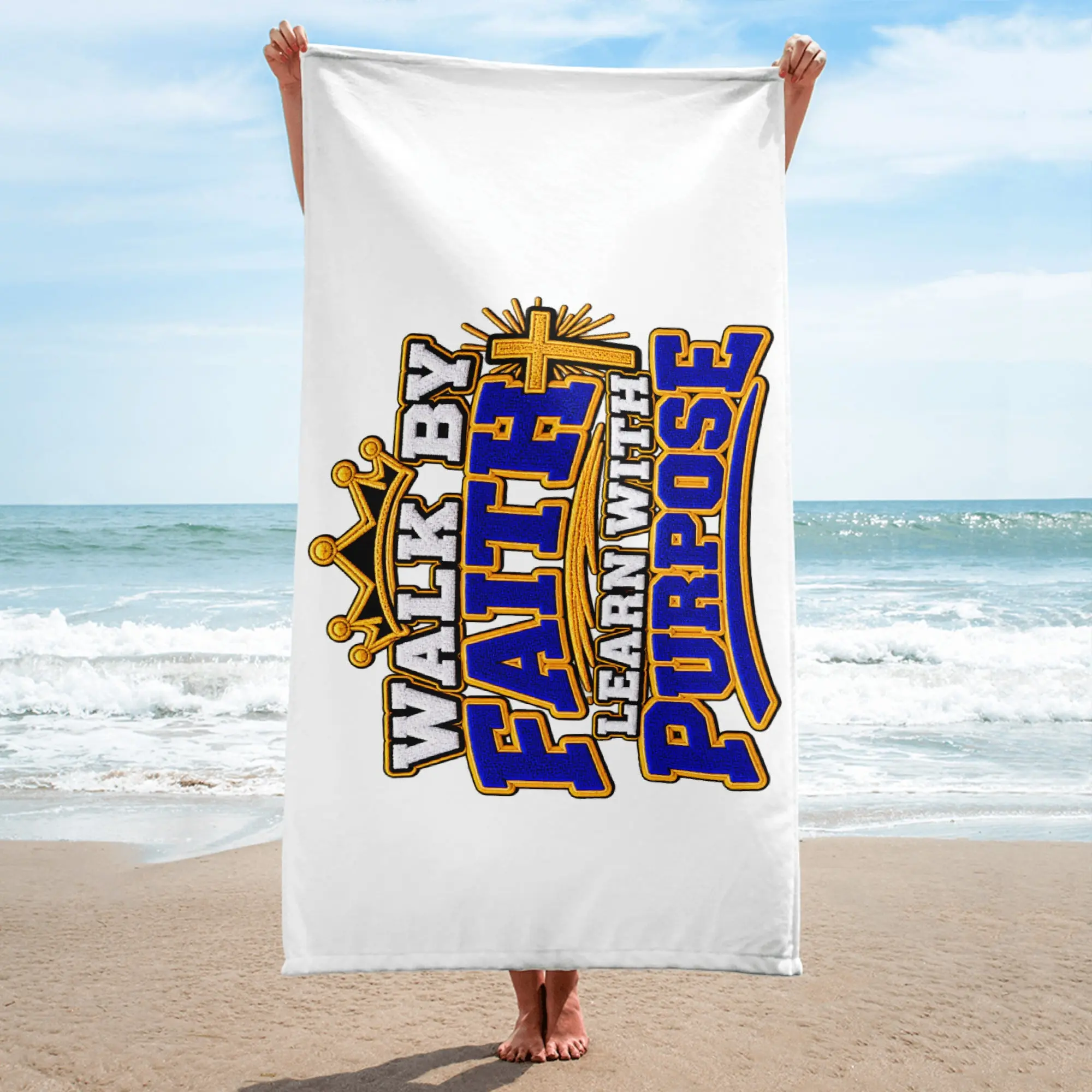 WALK BY FAITH, LEARN WITH PURPOSE Christian Beach Towel