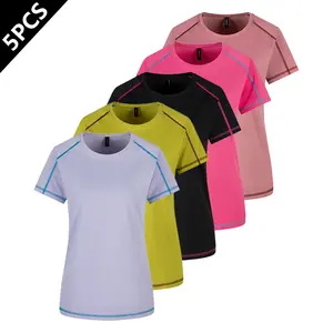 Targeted development five-pack summer women’s quick-dry sports T-shirts featuring contrasting quick-dry designs, short sleeves, elastic breathable fabric, crew neck—ideal for jogging, workouts, fitness, and yoga.