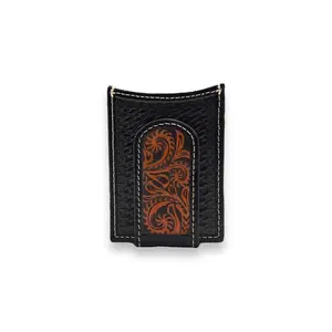 Men's Card Case Wallet - Brown Cross Floral Basketweave