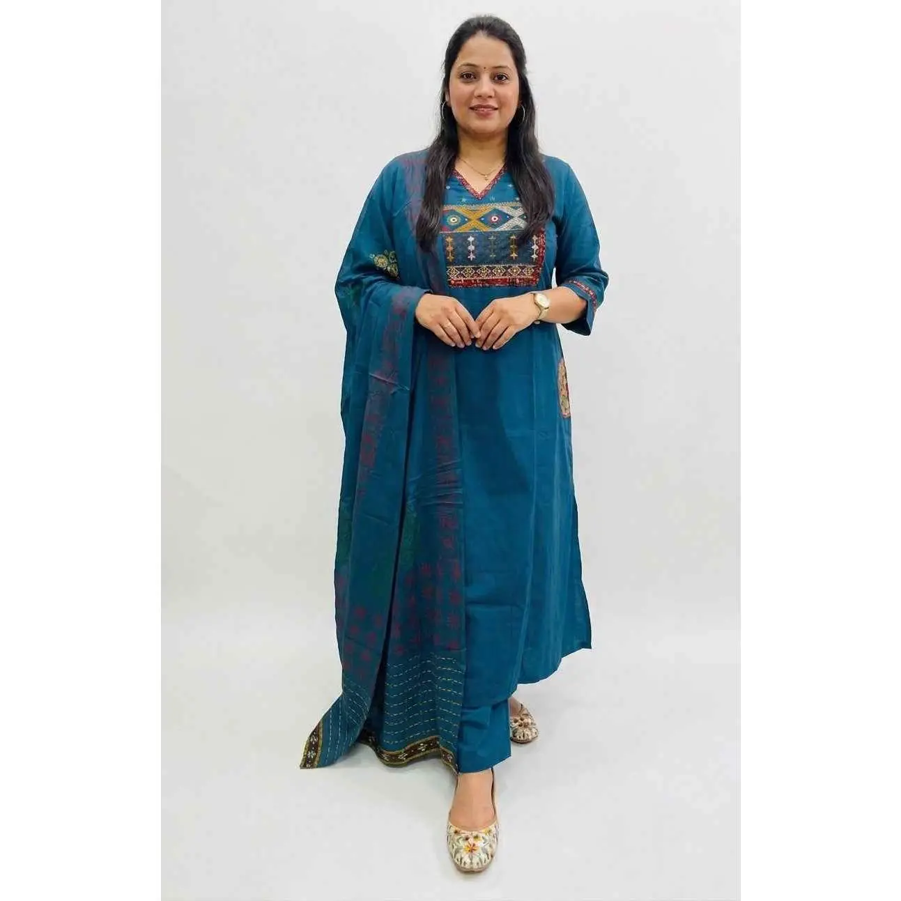 Women's Indian Ethnic Rich Dhabu Cotton Stylish Suit Set - Straight Sleeve, Embroidered Detail, Premium Fabric, Matching Bottom, Embroidery, Pocket, Slit, Style, Border Detailing On Dupatta, Casual Asian Womenswear