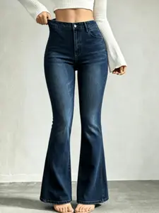 High Rise Flare Leg Baggy Jeans High-Stretchy Loose Fit Denim Pants for Women Distressed womenswear. WH48 Lady Basic Minimalist Comfortable Denim Tummy Control Curve hugging Plus Size Regular Size Spring Fashion Daily Outfits.