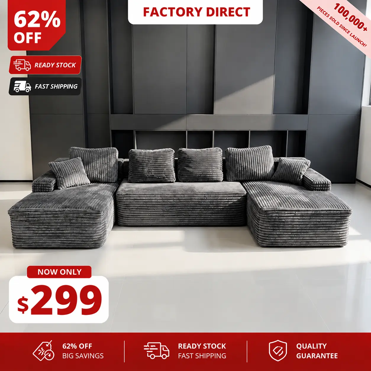 New 131"U-shape Cloud Sectional Couch Modern Modular Sofa For Living Room Bedroom,No Assembly Required,Gray color with 2 Packages