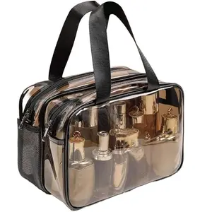 Large Waterproof Clear Travel Bag for Toiletries - Transparent Makeup Bag with Double Zipper Design - TSA Compliant Carry-On for Men and Women - Stylish Black Trim