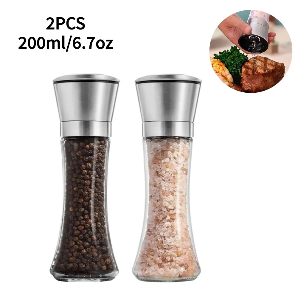 2pcs  6.7oz Premium Pepper Grinder Set, Stainless Steel Grater with Glass Body, Adjustable Rotor, Salt & Pepper Shakers, Kitchenware & Kitchen Gadgets for Kitchen Cooking BBQ Parties