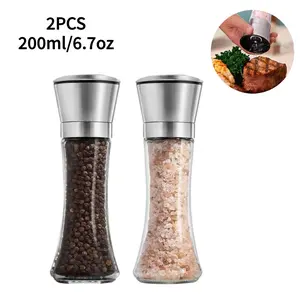 2pcs  6.7oz Premium Pepper Grinder Set, Stainless Steel Grater with Glass Body, Adjustable Rotor, Salt & Pepper Shakers for Kitchen Cooking BBQ Parties