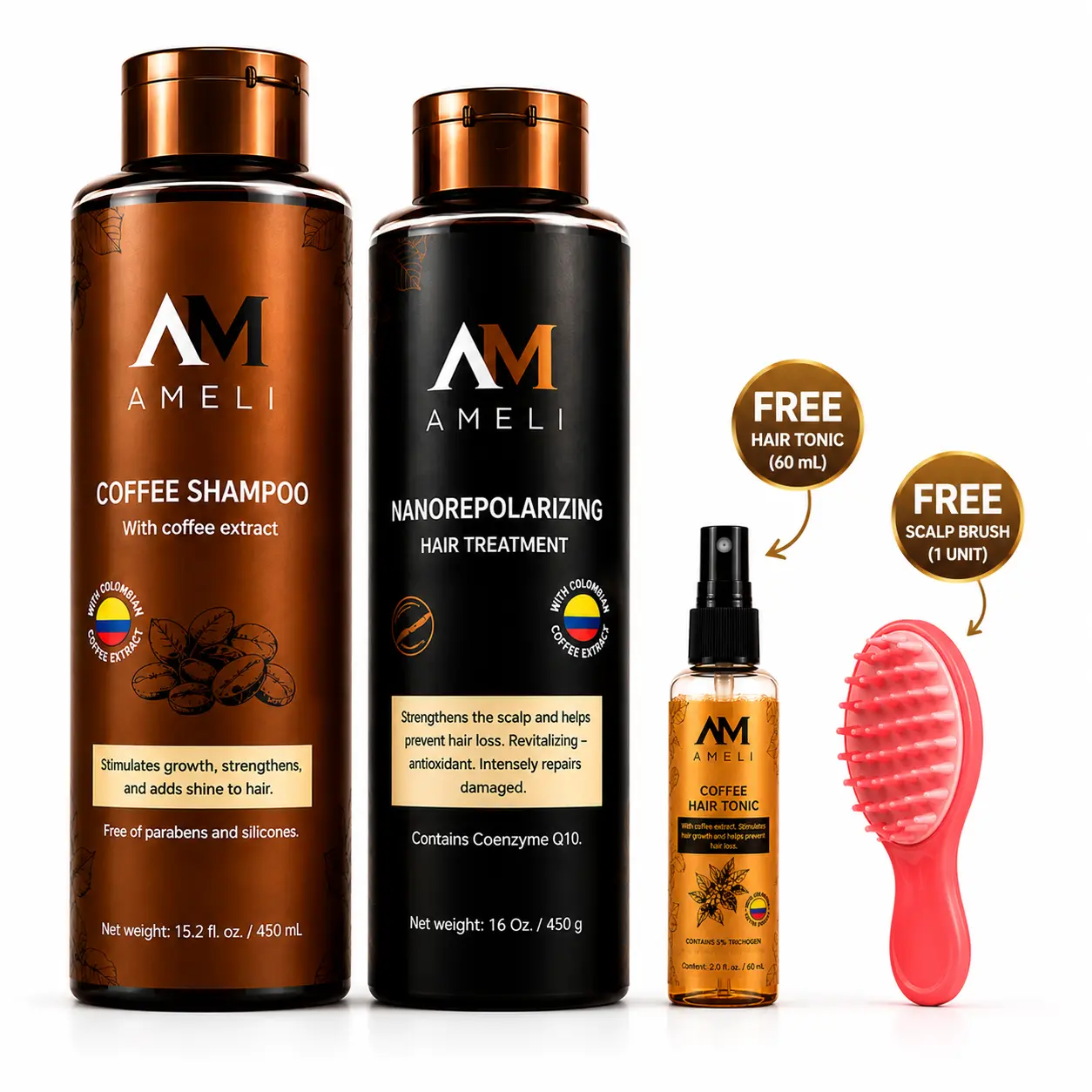 Complete Hair Care System | AM AMELI Natural Hair Care Routine - Gentle Argan Daily Cleansing Volumizing Shampoo Cleanser + Frizz-Fighting Deep Repair Treatment for Hydration & Moisture Oil Control + Free Hair Tonic, Scalp Brush AMELI