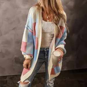 Asvivid Womens Checkered Oversized Cardigan Sweaters V Neck Drop Shoulder Long Sleeve Slouchy Knit Jacket Coats with Pockets