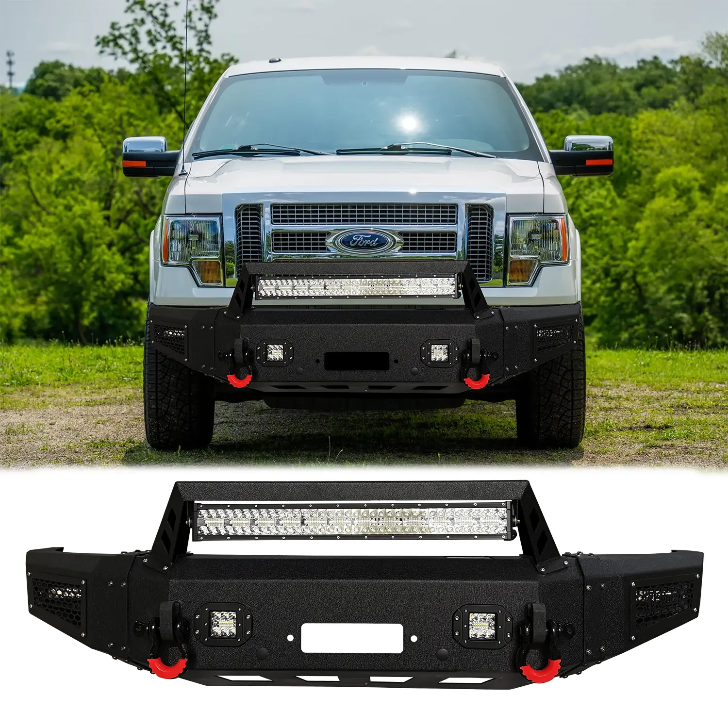 Vijay Low-Carbon Steel Front Bumper (Black Texture) Compatible with 2009-2014 Ford F150 (Excluding Raptor & Ecoboost) - W/Winch Plate, 4x24W Aluminum Lights, 2x4.75T D-Rings, Drill-Free Screw Installation