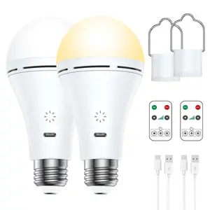 2 Pack USB Rechargeable Light Bulbs With Remote,2000mAh Light Bulbs,E27 9W Dimmable Timer Remote Control,Battery Powered Touch Control Emergency Bulb,3 Color Temperature for Emergency, Chicken Coop, Camping, Hiking, Hurricane Outage