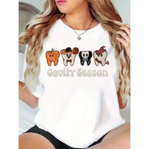 Women's Halloween Cavity Season T-Shirt Cute Cartoon Teeth Pumpkin Clown Skeleton Witch Graphic Tee Casual Party Festival Top