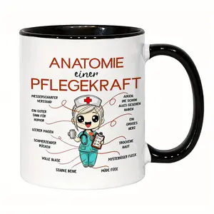 1 Fun Nurse Cup - Nursing Anatomy Coffee Cup with German text, suitable for nurses, nursing students and medical professionals - Nurses' Day, Graduation, Birthday Gifts preferred - White on the outside and black on the inside or vice versa -