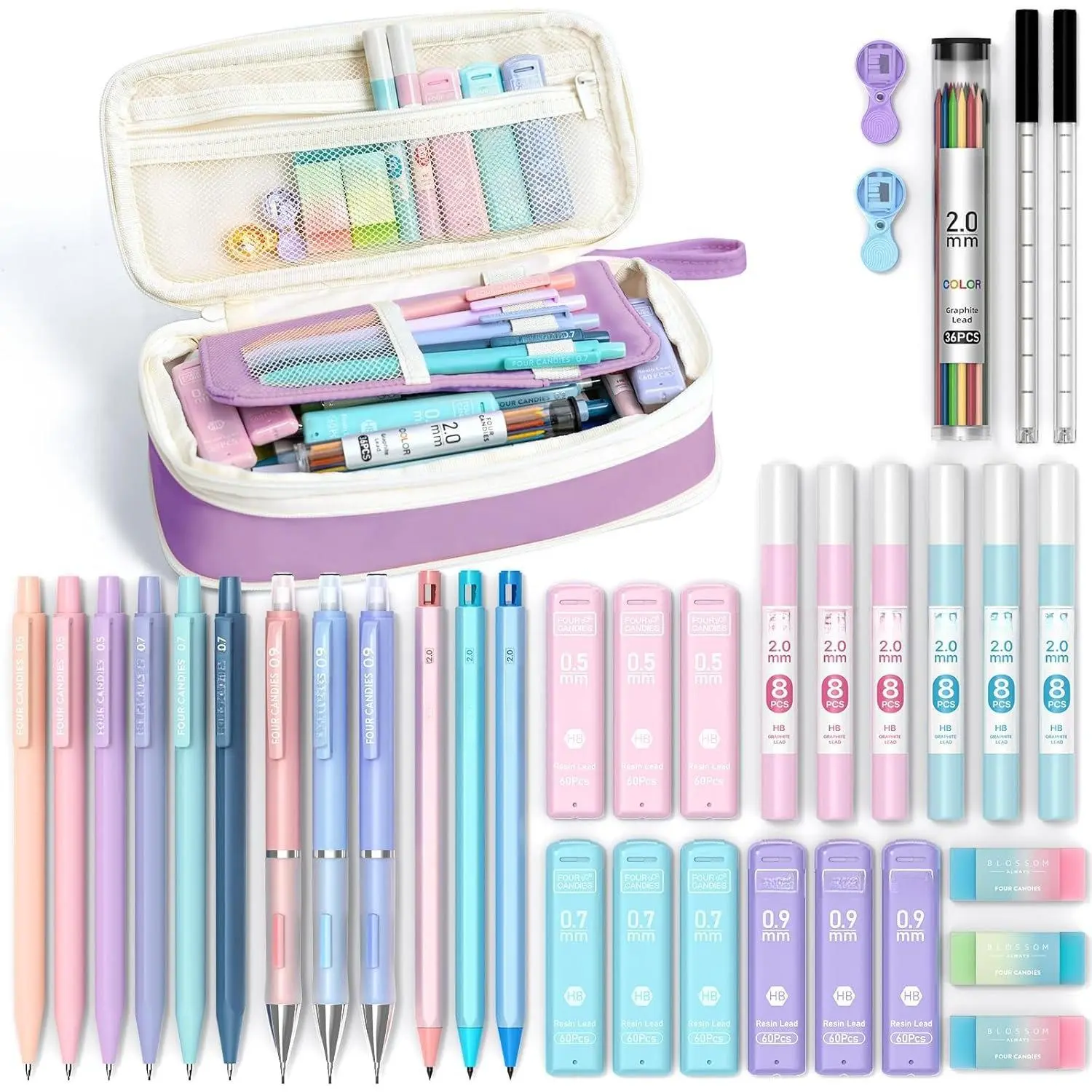 36 count Aesthetic School Supplies, Mechanical Pencil Set 0.5mm, 0.7mm, 0.9mm & 2.0mm with 624 Lead Refills,  to School Supplies for Writing & Drawing, Ideal Stationary Set  (Purple)