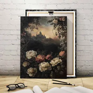 1Count Wooden Frame Canvas, Vintage Castle And Floral Painting, Poster, Home Decor, Wooden Wall Art, Modern Art, Ideal Gift, Waterproof, Printing, Art