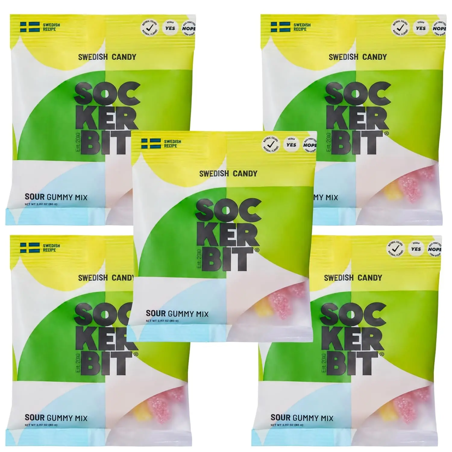 Sockerbit Swedish Candy Sour Gummy Mix, 5 Bags, Assorted Sour Gummy Candy Mix, Soft & Chewy Fruit Gummies with Variety of Flavors, Textures & Shapes, Vegan, Gluten Free & Non GMO, 2.82oz Each Bag