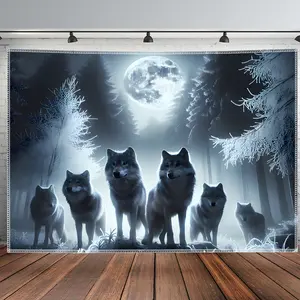 Wolf Moon Tapestry Night Wolf Backdrop Lunar Theme Wall Hanging Photography Background Animal Decor for Living Room Bedroom Indoor Outdoor Party Decoration