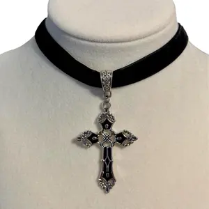 Brand New Handmade Silver and Black Tone Cross on Black Velvet Choker Necklace