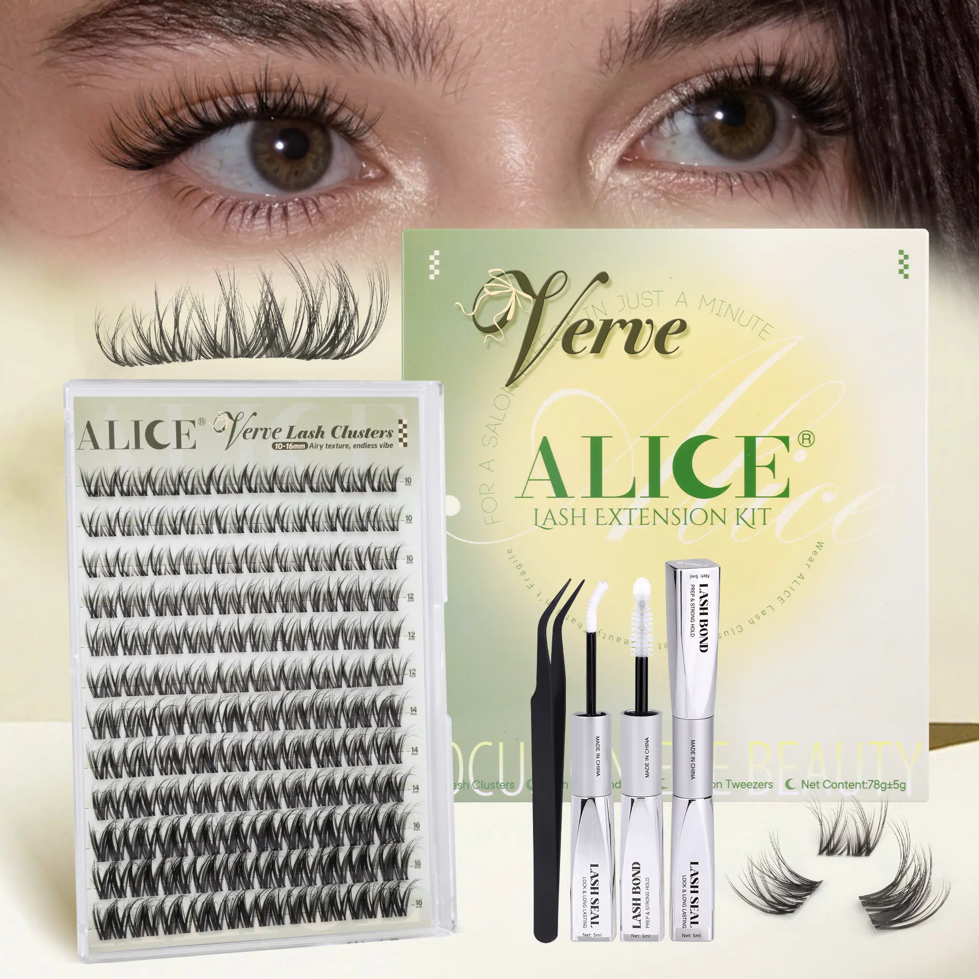 ALICE Natural Verve Lash Extension Kit, Invisible Band Individual Lashes Clusters, 10-16mm Artificial Attachment Kit False Eyelashes & Adhesives for Daily Use, Clusters Lashes