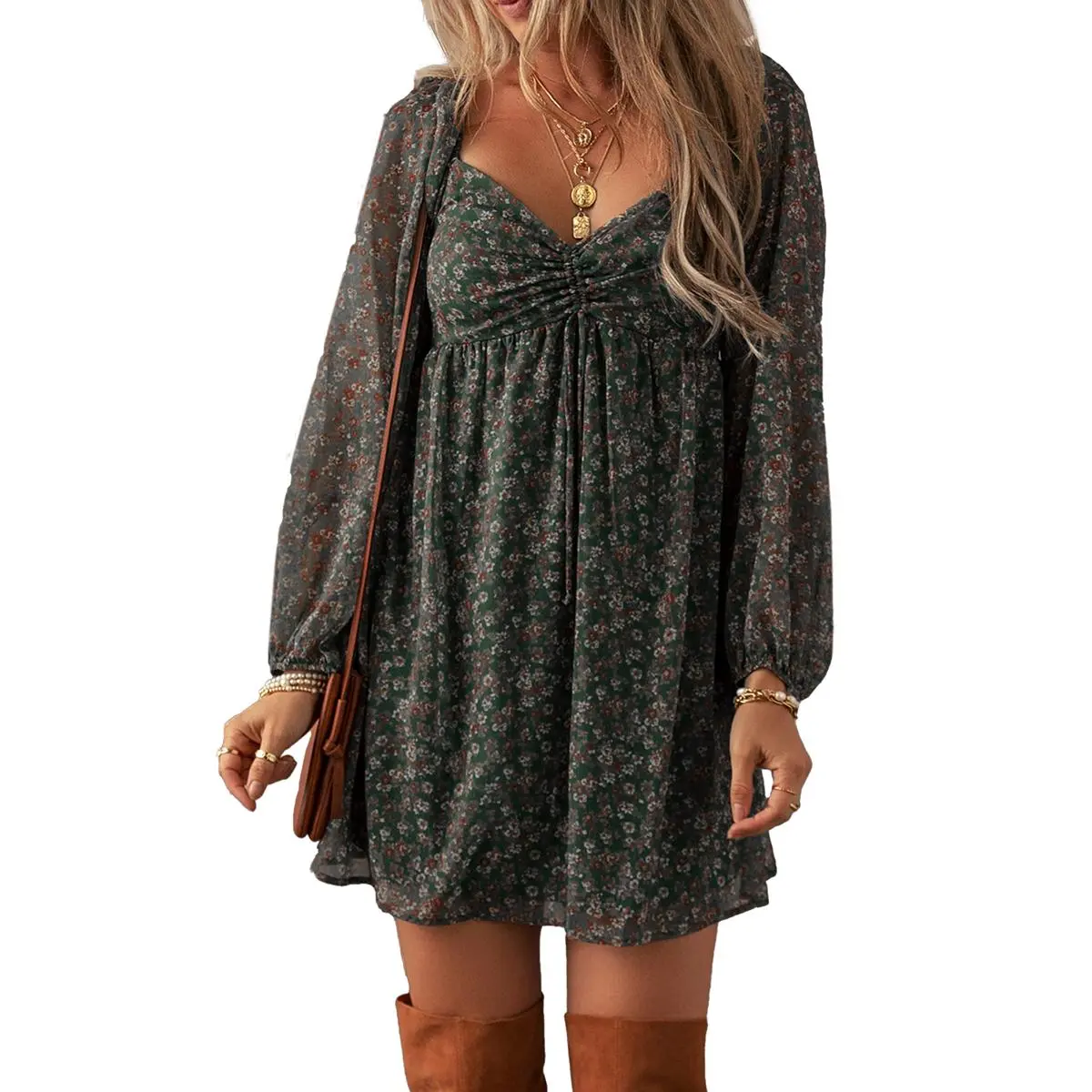 Asvivid Women's Fashion Trend Floral Print Sweetheart Neck Shirred Front Mini Dress Casual Long Sleeve Dresses Spring Fall Clothes