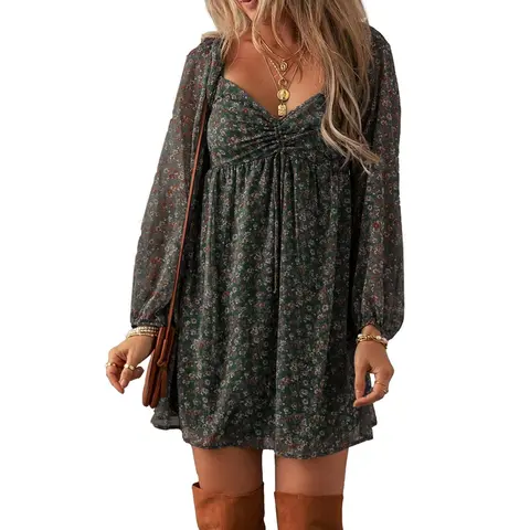 Asvivid Women's Fashion Trend Floral Print Sweetheart Neck Shirred Front Mini Dress Casual Long Sleeve Dresses Spring Fall Clothes