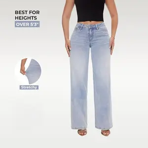 Women Mid-low Rise Wide Leg Jeans Distressed Denim Pants Light Blue/Dark Blue Womenswear Bottom  8001 Lady Basic Minimalist Trouser