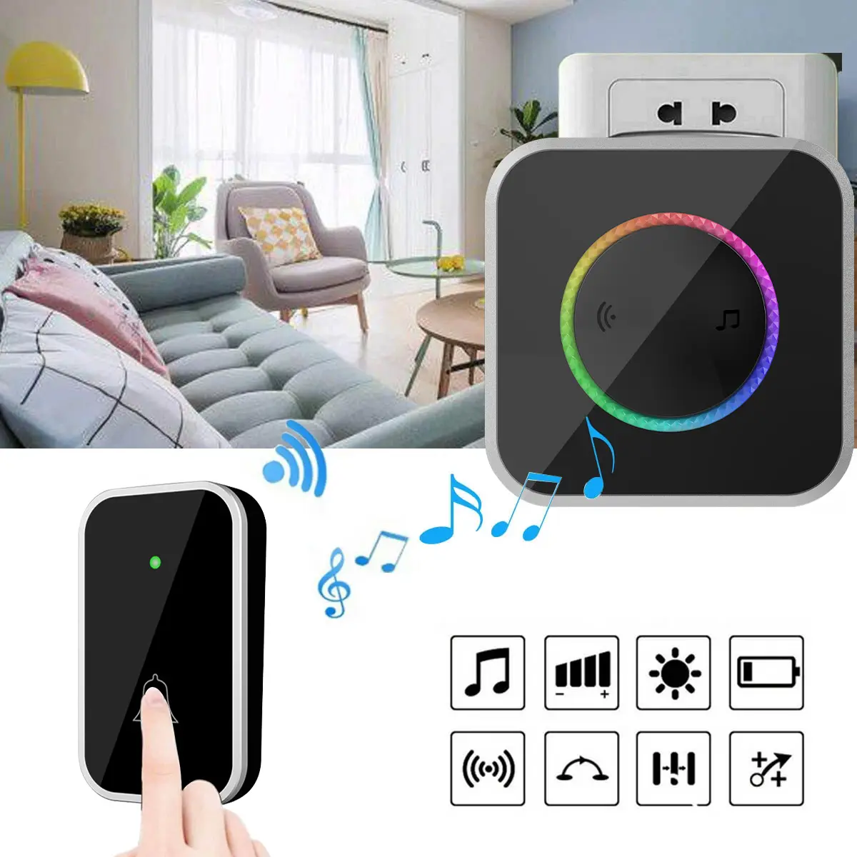 Wireless Doorbell, Easy installation, Waterproof, Adjustable Volume, 45 Chimes, Colorful LED, 1000Ft Range, Black