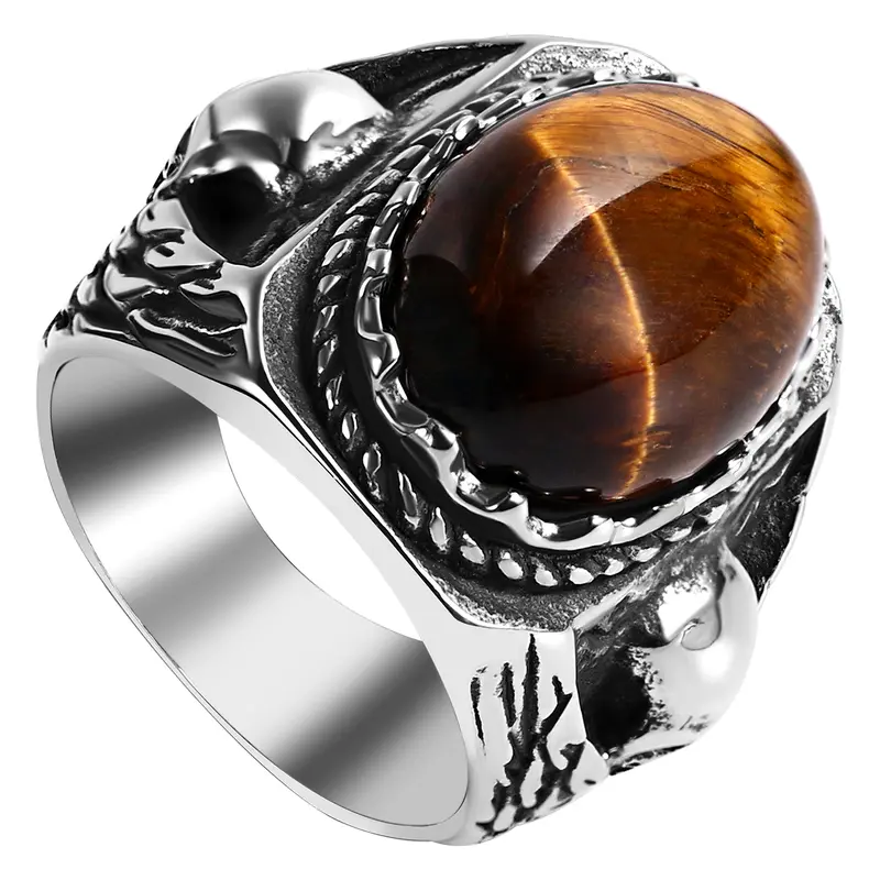 Men's Gothic Solid Steel Signet Ring with Tiger Eye Stone - Skull Wings Vintage Biker Jewelry Accessory, Corrosion-Resist, Multi-Sizes Unique Gifts for Man for Dad Graduation, Uncle Fashion Accessory
