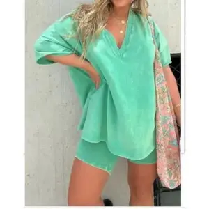 2025 Women's Fashion Loose Casual 2-Piece Set - Summer and Vacation Sets, Plus Size, Comfort Sweat Set, Comfortable Loungers, Green Womenswear - Gamis 2-piece outfit Clothes Suits Basic Batwing Minimalist Rose Red Pajama Loungewear Nightwear Homewear