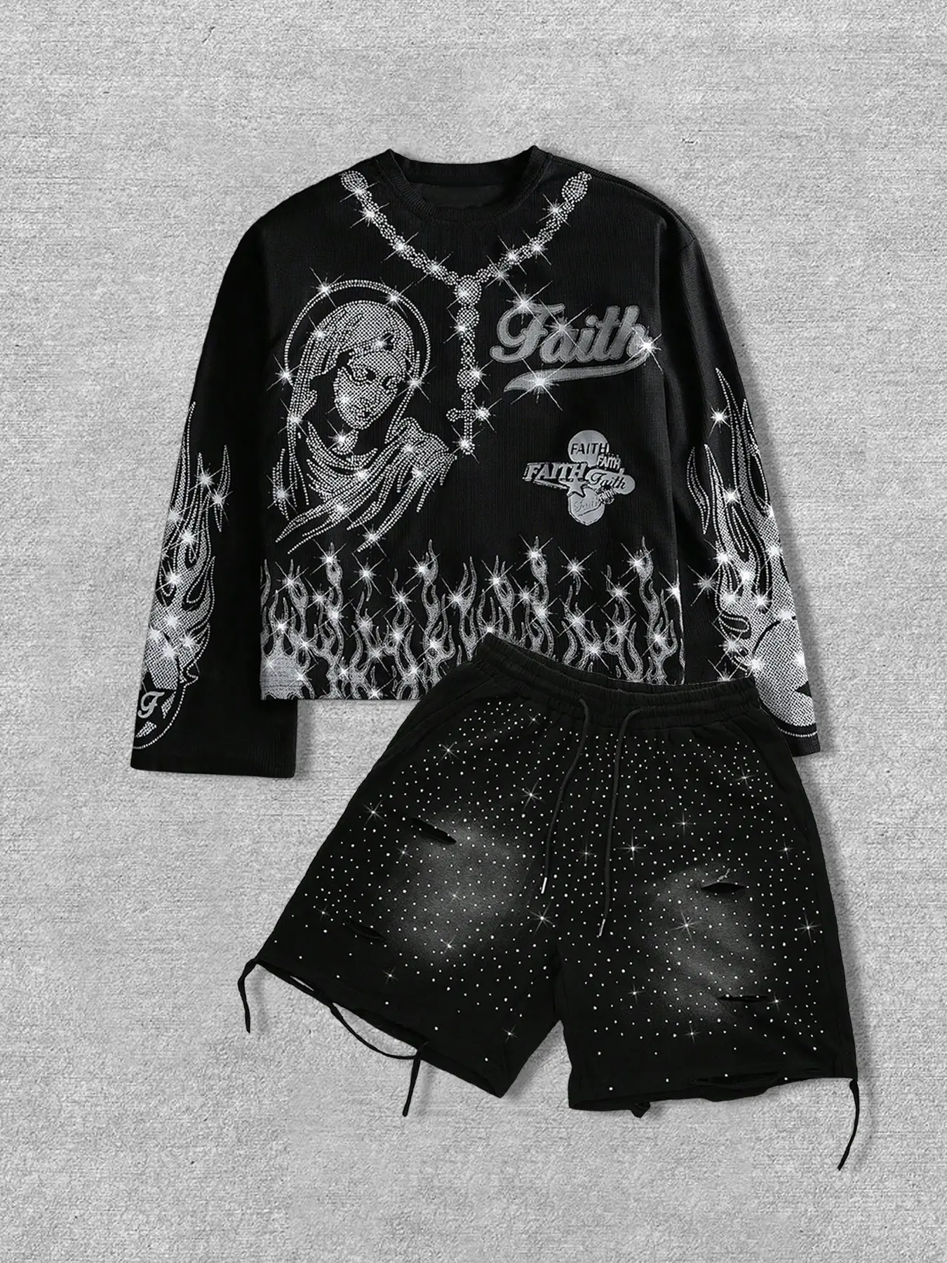Men's two-piece set: long-sleeved printed T-shirt and shorts. Gothic street style, edgy rock vibe, adorned with sparkling flame-patterned rhinestones and distressed details. This casual streetwear set is suitable for all seasons, Casual Outfit Set