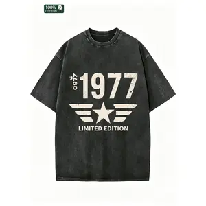 1977 limited acid wash oversized tee, 100% cotton vintage printed casual street top