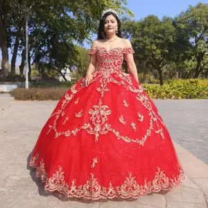(LIVE 35) Quinceanera Ball Gown Dress Glitter Tulle Mexican Sweet 15, Red,Suitable for Balls and Weddings
