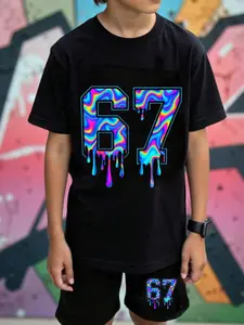Summer Cool Boys' Set, Vibrant Gradient 67 Print Short Sleeve Shorts Two-Piece, Casual Fitted for All Seasons
