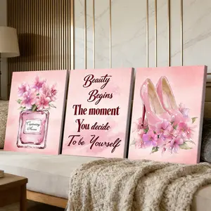 3 Counts Wooden Framed Canvas Painting, Pink Perfume Bottle And High Heels With Flowers Images, Exquisite Poster, Perfect Gift, Decor For Living Room, Bedthroom, Modern Art, Fashion Family Poster, Wall Art Decoration