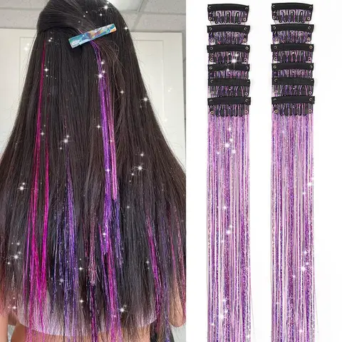Women's 6 Pcs Clip-in Hair Tinsel Kit - 20-in Heat-Resistant (Up to 356°F) Polyester Fiber Fairy Glitter Extensions with Simple Clip, Instant Glam for Carnival, Christmas, Synthetic Hair Accessory