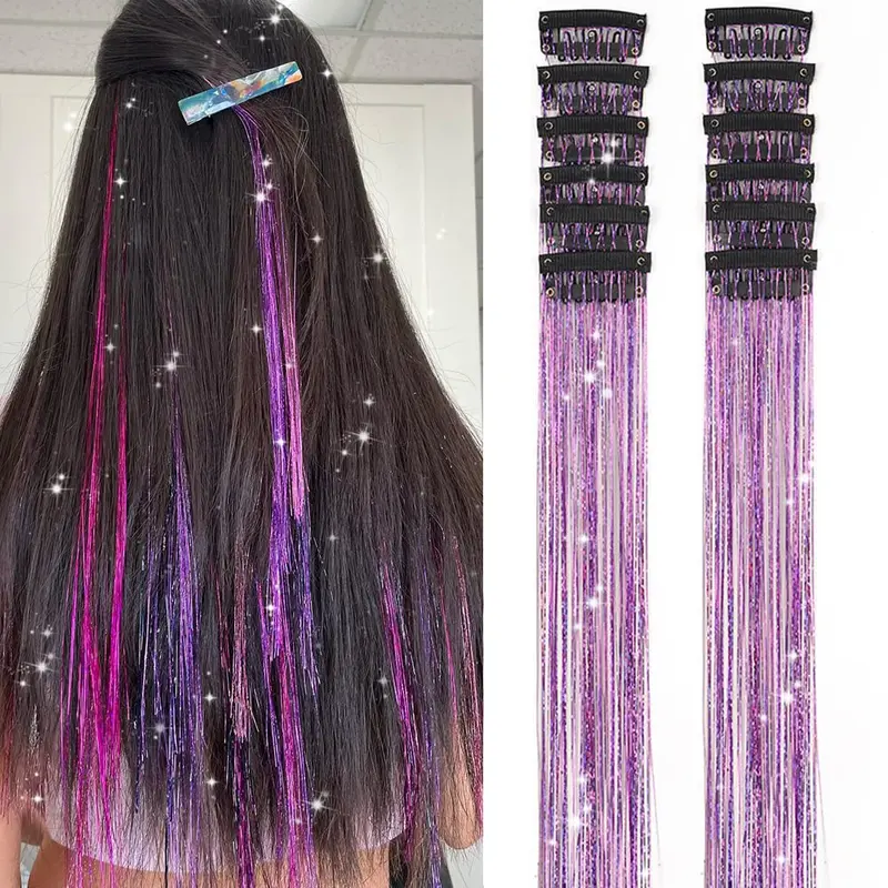 Women's 6 Pcs Clip-in Hair Tinsel Kit - 20-in Heat-Resistant (Up to 356°F) Polyester Fiber Fairy Glitter Extensions with Simple Clip, Instant Glam for Carnival, Christmas, Synthetic Hair Accessory