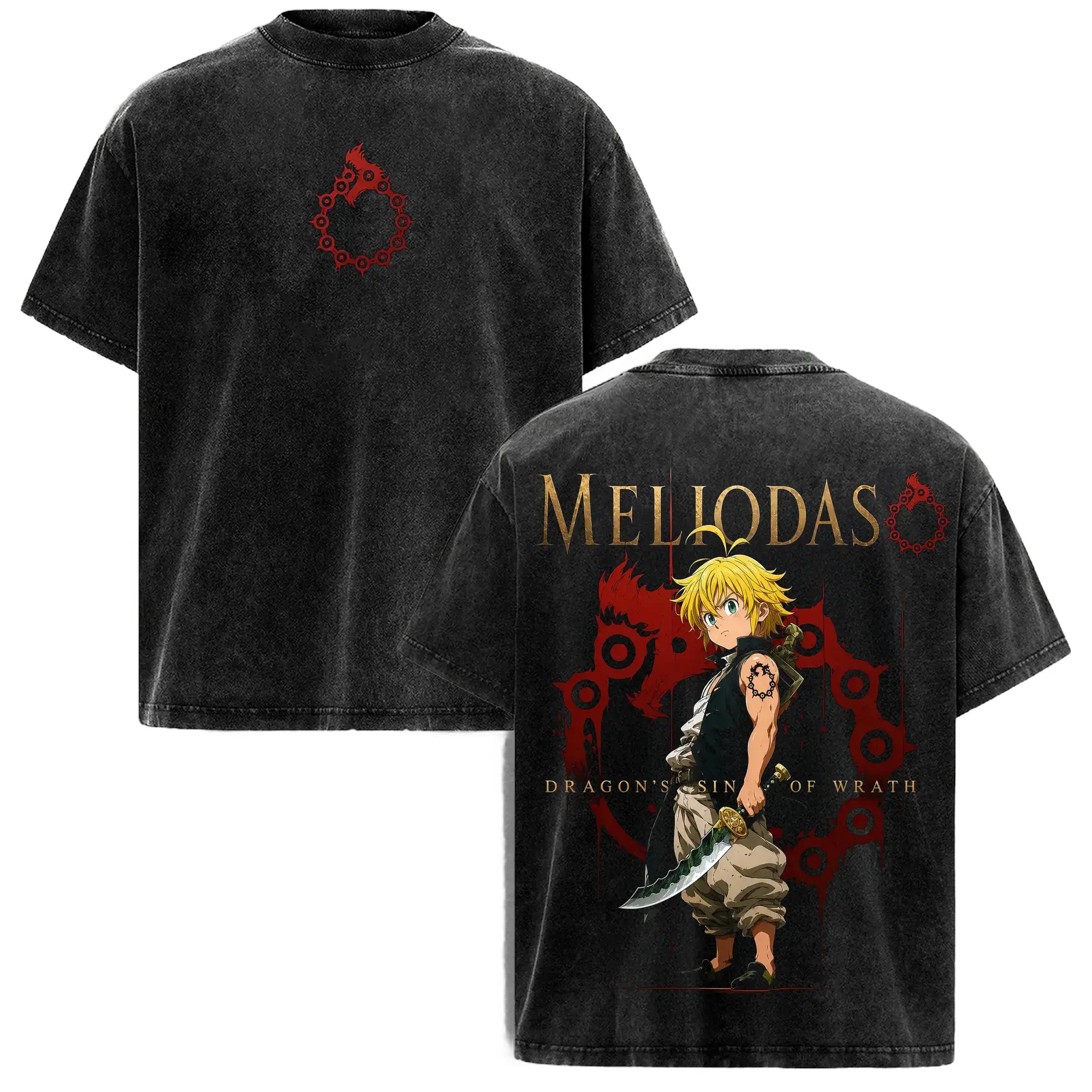 Meliodas Seven Deadly Sins Double Printed Vintage Acid Wash Shirt, Anime Manga Fantasy Characters Graphic Tee, Oversized Streetwear Heavyweight Cotton Fan Gift