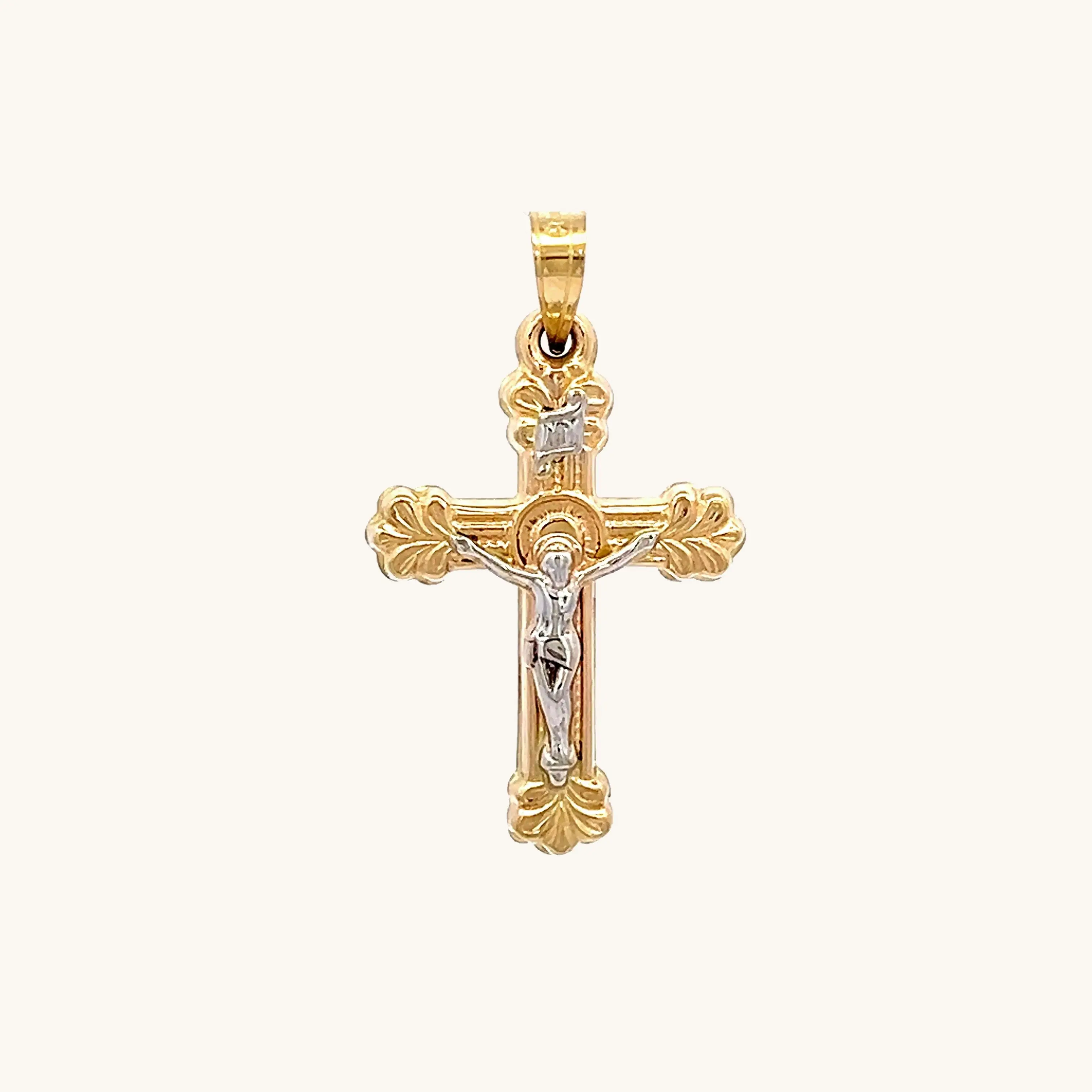 14K TWO-TONE GOLD TEXTURED DESIGN SMALL INRI CRUCIFIX PENDANT