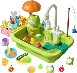 CUTE STONE Pretend Play Sink with Running Water, Upgraded Electric Faucet, Realistic Play Food Set, Learning Cookingset, Valentine's Day Gift