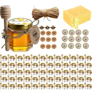 60-Piece Bee-Themed Honey Jar Set 1.5-Ounce Glass Jars with Wooden Dippers Gold Lids Bee Charms Jute Twine Thank-You Cards Gold Gift Bags Stickers for Baby Shower Wedding Favors